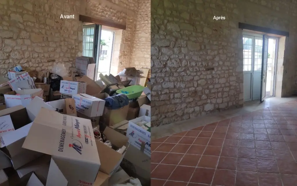 Pièce encombrée de cartons avant et après un débarras